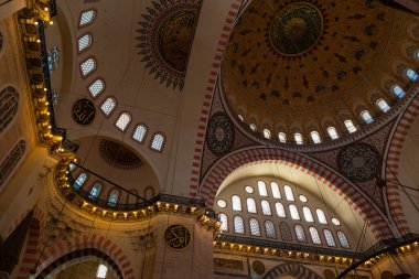 Islamic architecture background photo. Interior of Suleymaniye Mosque. Istanbul Turkiye - 9.30.2022