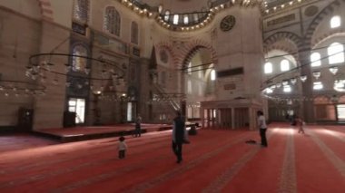 Suleymaniye Mosque at daytime. Interior view of Suleymaniye Mosque. Ramadan or islamic background 4k video. Istanbul Turkiye - 27.10.2022