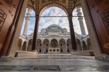 Islamic architecture photo. Wide angle view of Suleymaniye Mosque. Ramadan or islamic background photo. Istanbul Turkiye - 12.23.2022