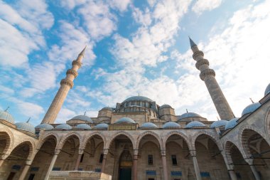 Islamic architecture background photo. Suleymaniye Mosque view from courtyard. Istanbul Turkiye - 12.23.2022