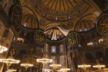 Islamic or ramadan concept photo. Interior of Hagia Sophia Mosque in Istanbul. Kandil or laylat al-qadr concept. Istanbul Turkiye - 1.20.2023