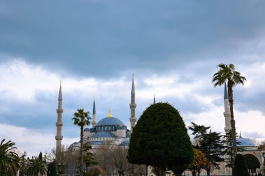 Sultanahmet or Blue Mosque with cloudy sky. Travel to Istanbul background photo.
