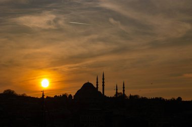 Suleymaniye Mosque at sunset. Istanbul silhouette. Ramadan or islamic or laylat al-qadr concept photo.
