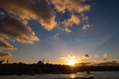 Silhouette of Istanbul at sunset. Travel to Istanbul background photo. Ramadan or islamic concept photo.