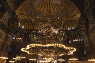 Islamic background photo. Interior of Hagia Sophia or Ayasofya Mosque. Istanbul Turkiye - 1.20.2023