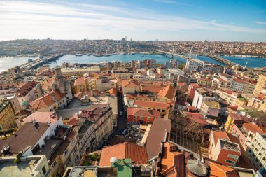 Istanbul skyline from Galata Tower. Karakoy district and Golden Horn view. Travel to Istanbul background photo.