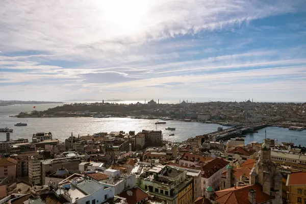 Istanbul skyline. Historical peninsula of Istanbul and Karakoy district at daytime with cloudy sky.