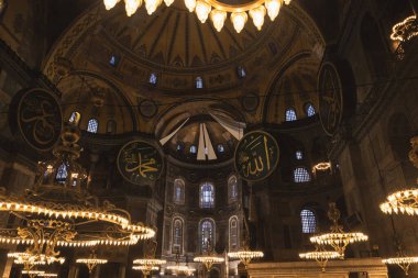 Ayasofya Mosque or Hagia Sophia from inside. Islamic background photo. Ramadan or laylat al-qadr or kadir gecesi concept photo. Istanbul Turkiye - 1.20.2023
