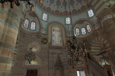 Interior of Mihrimah Sultan Mosque in Uskudar. Ottoman architecture background photo. Istanbul Turkiye - 9.8.2022