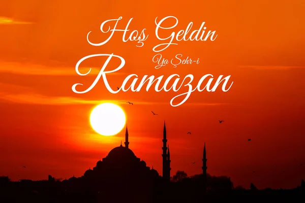 Silhuett Suleymaniye Moskén Vid Solnedgången Hos Geldin Sehr Ramazan Välkommen — Stockfoto
