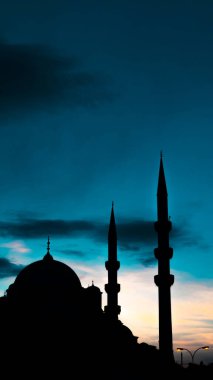 Eminonu Yeni Cami ya da gün batımında Yeni Cami. İslami kavram dikey fotoğraf. Ramazan veya kadir gecesi veya laylat al-Qadr konsepti dikey hikaye fotoğrafı.