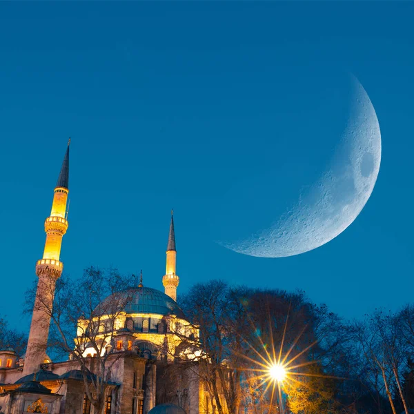 stock image Eyup Sultan Mosque and crescent moon. Ramadan square format photo. Islamic or kadir gecesi or laylat al-qadr background photo.