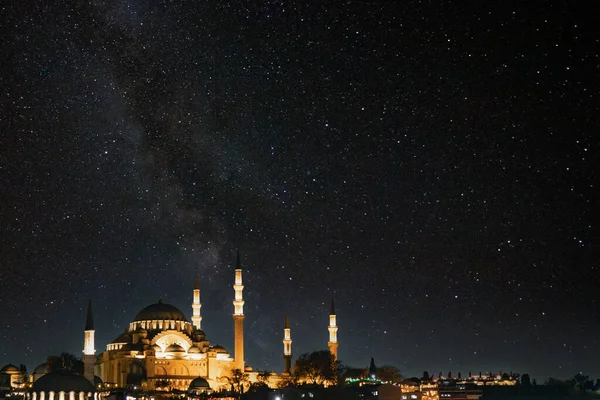 stock image Suleymaniye Mosque and milkyway. Islamic or ramadan concept photo. Noise included.