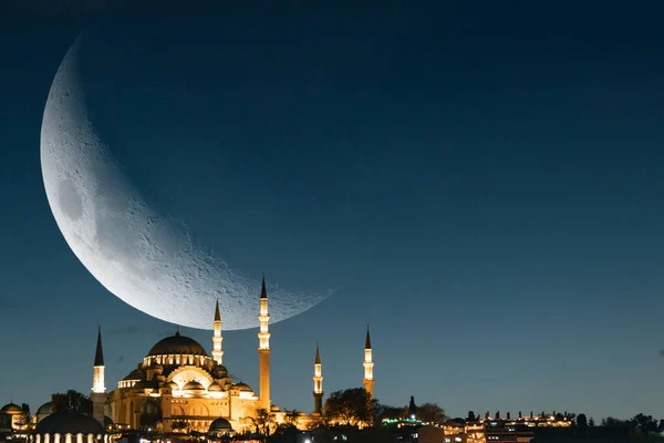 Iszlám Háttér Fotó Félhold Szulejmán Mecset Másolási Hellyel Szövegnek Ramadán — Stock Fotó