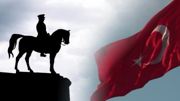 トルコ国旗とアタチュルクの記念碑 5月19日または4月23日のコンセプトビデオ Mayis Genclik Spor Bayramiまたは19 5月アタチュルクの記念 若者とスポーツの日 — ストック動画