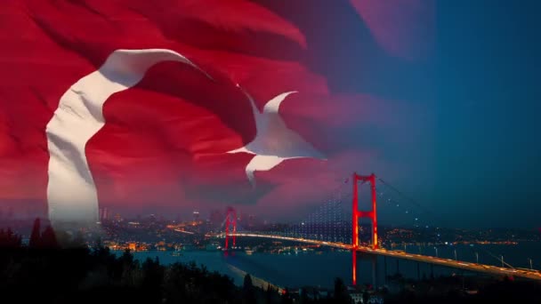 Temmuz Eller Juli Konceptet Video Viftande Turkisk Flagga Och Bosporen — Stockvideo