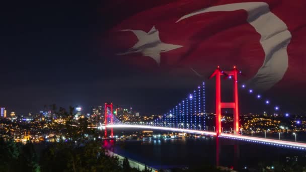 Temmuz Konceptvideo Bosporbron Och Viftar Med Turkisk Flagg Juli Demokrati — Stockvideo