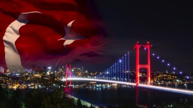 Türkiye konsepti 4k videosunun 15 temmuz veya 15 Temmuz demokrasi günü. Boğaz Köprüsü ve Türk Bayrağı Dalgalanıyor.