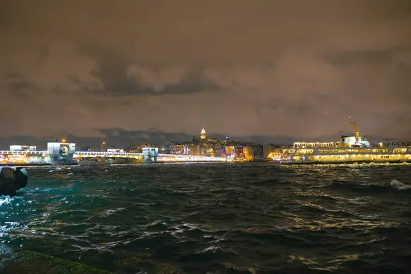 Istanbul Achtergrond Foto Galata Tower Galata Bridge Met Een Veerboot — Stockfoto