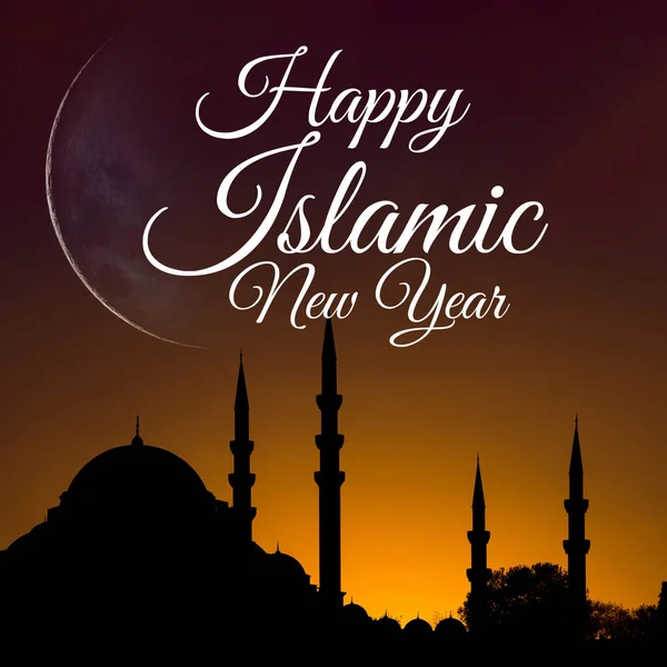 Islamic new year square format image. Happy islamic new year. Suleymaniye Mosque and crescent moon.