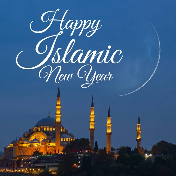 happy islamic new year square format image. Suleymaniye Mosque and crescent moon.