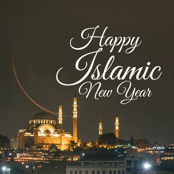 Happy islamic new year concept image with Suleymaniye Mosque and crescent moon. Hijri new year concept.
