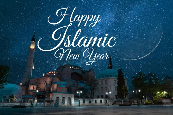 Happy islamic new year concept image. Hagia Sophia with milky way and crescent moon.
