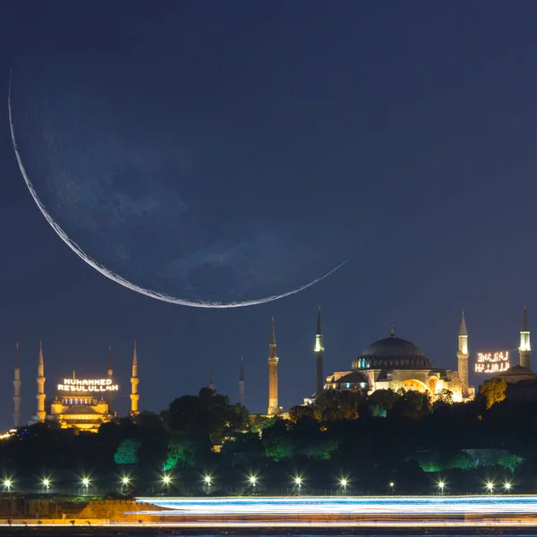 Iszlám Négyzet Formátumú Kép Hagia Sophia Kék Mecset Félholddal Ramadán — Stock Fotó