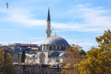 İstanbul 'daki camilerin arka plan fotoğrafı. Sonbaharda Pasa Camii manzarası. Ramazan veya İslami konsept arkaplan fotoğrafı