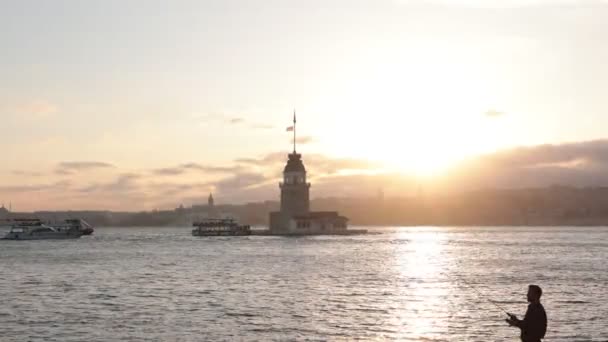Kiz Kulesi Eller Maidens Tower Vid Solnedgången Besök Istanbul Bakgrund — Stockvideo