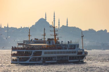Feribot ve İstanbul manzarası. Arka planda Süleyman Camii. İstanbul Türkiye - 10.20.2023