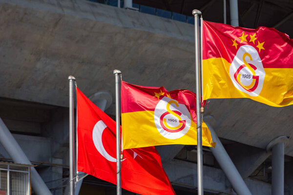 Galatasaray flags with Turkish Flag. Turkey's famous football club. Istanbul Turkiye - 10.28.2023