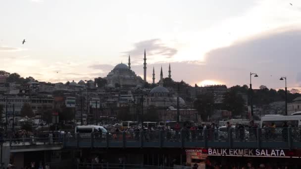 Istanbul Vista Traghetto Poeple Sul Ponte Galata Moschea Suleymaniye Sullo — Video Stock