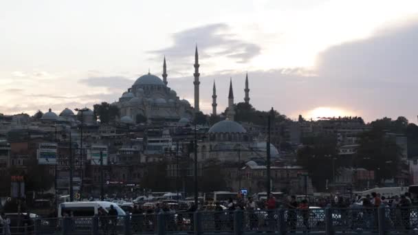Moschea Suleymaniye Ponte Galata Con Gente Istanbul Video Sfondo Istanbul — Video Stock