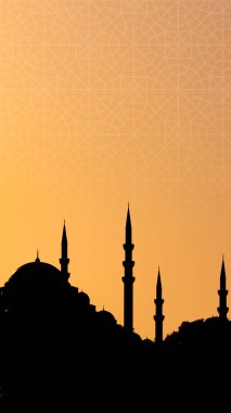 Gün batımında Süleyman Camii 'nin silueti. İslami konsept. Ramazan Kareem ya da bayram mübareği ya da kadir gecesi ya da laylat al-Qadr arkaplanı.