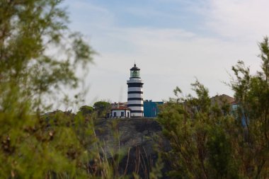 Bulutlu gökyüzü ile ağaçların yaprakları arasında deniz feneri manzarası. Umut veya ilham konsepti.