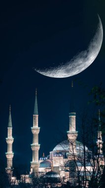 Sultanahmet Camii ya da Hilal Ay 'lı Mavi Cami. İslami veya ramazan veya bayram mübarek veya laylat el kadir kavramı dikey görüntü.