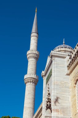 Sultanahmet Camii 'nin ya da Mavi Cami' nin ana kapısı dikey fotoğraf. İstanbul konseptini ziyaret et.