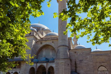 Süleyman Camii 'nin ağaçlı manzarası. İslami konsept. İstanbul 'un arka plan fotoğrafını ziyaret et.