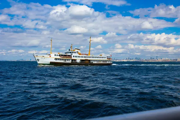 stock image Ferry and cityscape of Istanbul on the background. Visit Istanbul background photo.