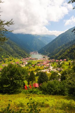 Uzungol 'un yazın tepelerden görünüşü. Trabzon dikey arkaplan fotoğrafını ziyaret et.