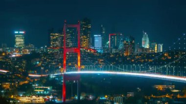 İstanbul 'da gece. İstanbul 'da Boğaziçi Köprüsü ve Gökdelenli Zaman Çizelgesi videosu.