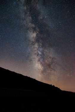 Tepelerin silueti ile Samanyolu. Yıldızlı gece arkaplanı dikey fotoğrafı. 