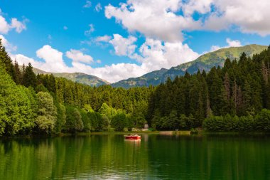 Karagol Lake view with visitors on a boat in the summer. Karagol Sahara National Park in Savsat, Artvin Turkey - 8.8.2024 clipart