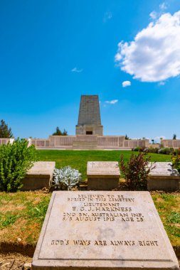 Lone Pine Memorial and Cemetery with a tombstone. Anzac Day concept photo. Canakkale Turkey - 4.14.2024 clipart