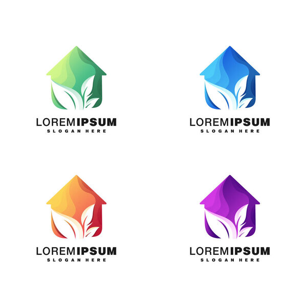 Home and leaf colorful logo design set