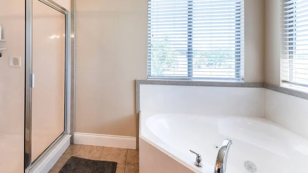 Panorama Bathroom interior with corner bathtub and shower stall with glass and aluminum frame. There is a deck mounted faucet at the tub near the windows on the left and stall with shower panel on the right.