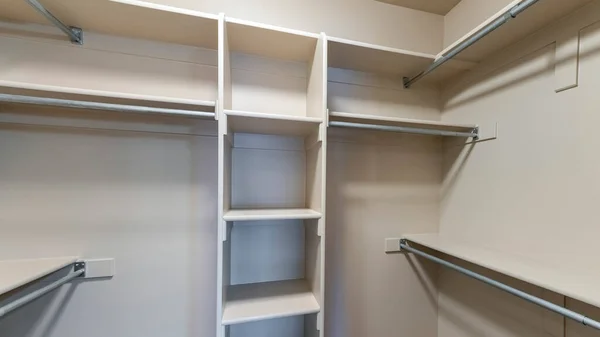 Panorama Small Empty Walk Closet Shelves Metal Rods Interior Windowless — Stock Photo, Image