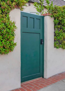 La Jolla, California 'da çit duvarında bitkiler olan bir evin dikey yeşil kapısı. Parmaklıkları ve tuğlaları olan beton bir ev döşemesi..