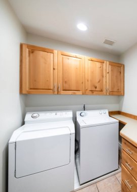 İki çamaşırhanesi olan dikey zanaatkar tarzı çamaşır odası. Çamaşır odasının içi paslanmaz lavabo, çekmeceler ve dolaplar solda ve üst dolaplar çamaşır odasının üstündeki ön duvarda.